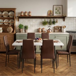 Set masa extensibila Alba Negru Marmorat cu 6 Scaune Oscar Maro Piele Ecologica