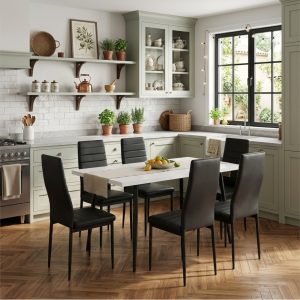 Set masa extensibila Alba Negru Marmorat cu 6 Scaune Oscar Negru Piele Ecologica