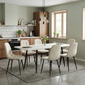 Set masa extensibila Lisabona Alba cu 6 Scaune Gya Crem