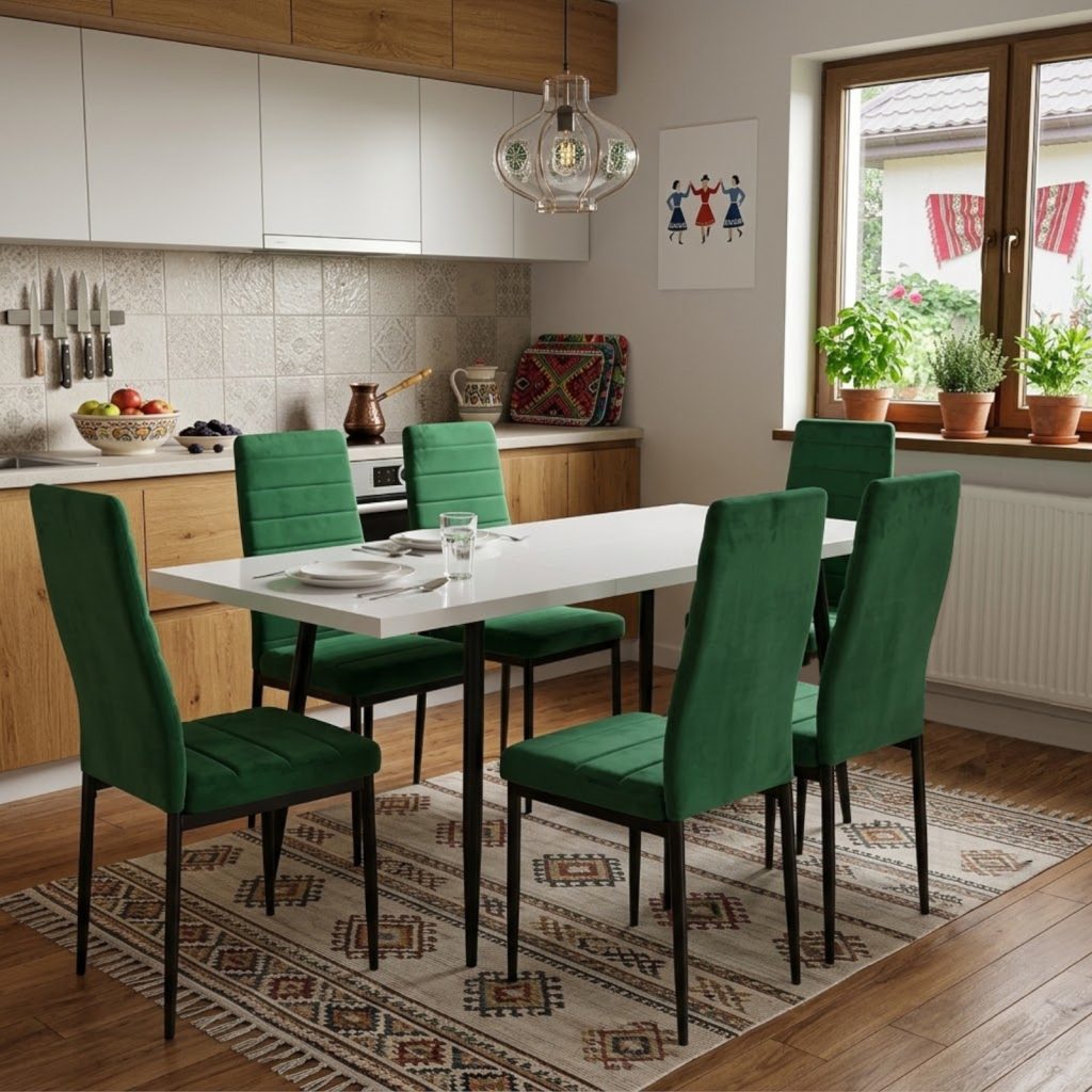 Set masa extensibila Lisabona Alba cu 6 Scaune Oscar Verde