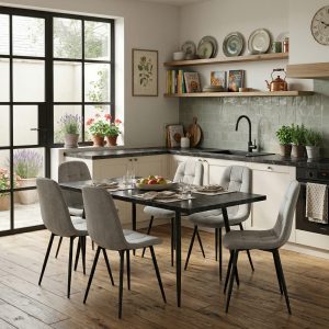 Set masa extensibila Lisabona Negru Marmorat cu 6 Scaune Gya Gri