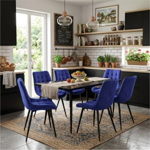 Set masa extensibila Lisabona Negru Marmorat cu 6 Scaune Onix Albastru