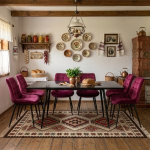 Set masa extensibila Lisabona Negru Marmorat cu 6 Scaune Onix Bordo