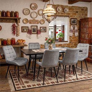 Set masa extensibila Lisabona Negru Marmorat cu 6 Scaune Onix Gri Deschis
