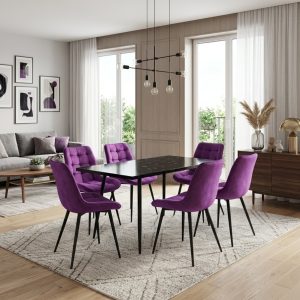 Set masa extensibila Lisabona Negru Marmorat cu 6 Scaune Onix Mov