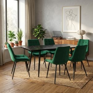 Set masa extensibila Lisabona Negru Marmorat cu 6 Scaune Onix Verde