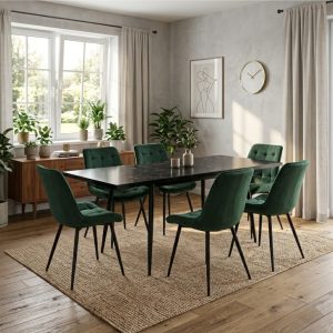 Set masa extensibila Lisabona Negru Marmorat cu 6 Scaune Onix Verde inchis
