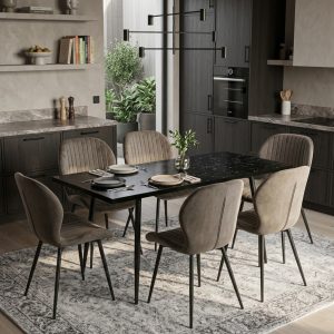 Set masa extensibila Lisabona Negru Marmorat cu 6 Scaune Opal Maro