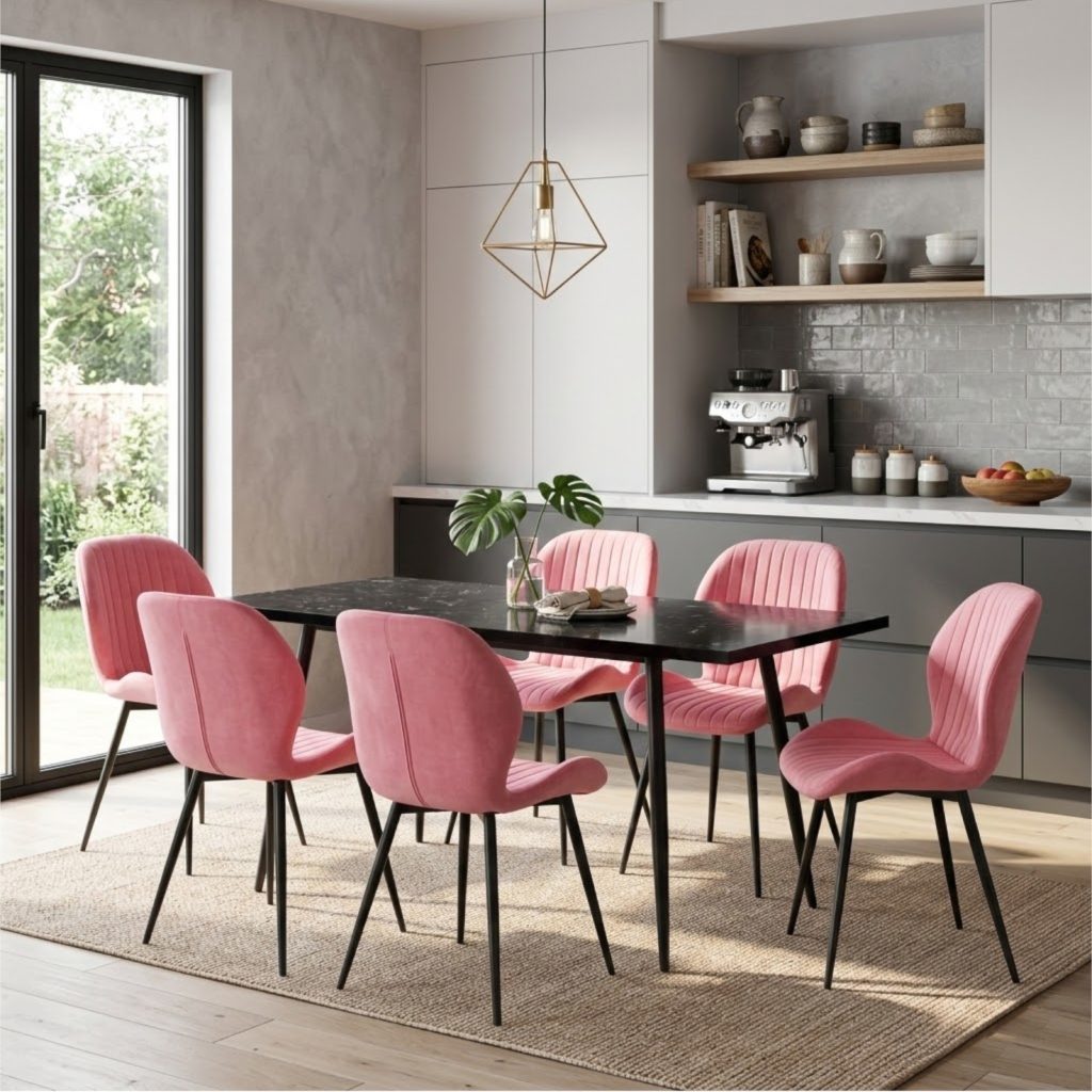 Set masa extensibila Lisabona Negru Marmorat cu 6 Scaune Opal Roz 2