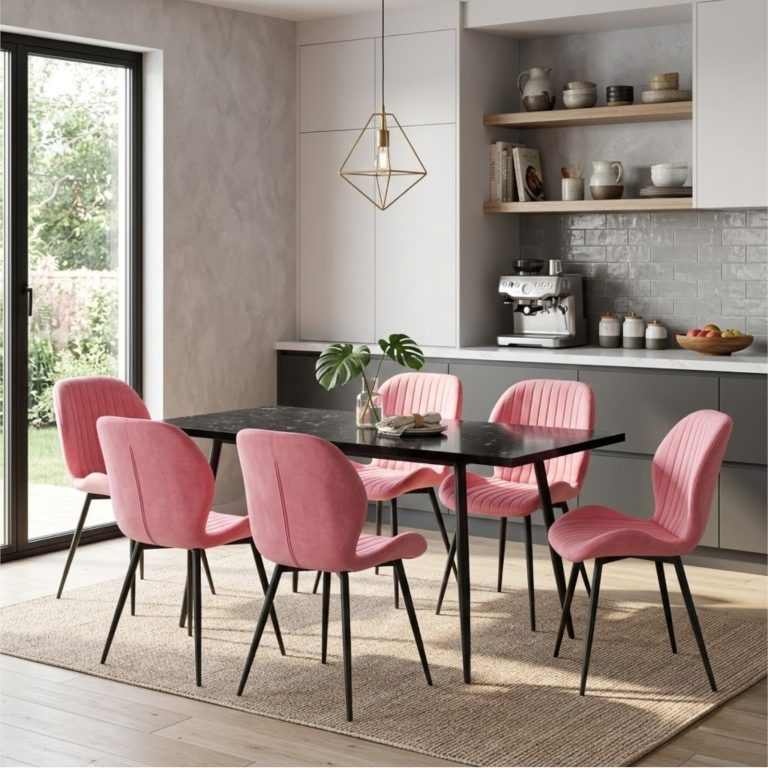 Set masa extensibila Lisabona Negru Marmorat cu 6 Scaune Opal Roz 2