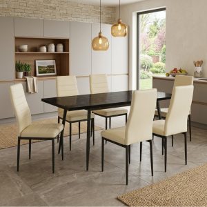 Set masa extensibila Lisabona Negru Marmorat cu 6 Scaune Oscar Crem
