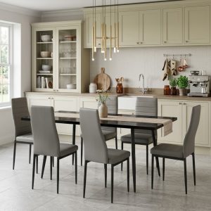 Set masa extensibila Lisabona Negru Marmorat cu 6 Scaune Oscar Gri Piele Ecologica