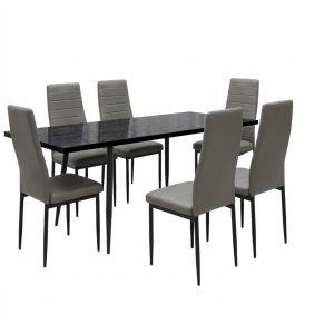 Set masa extensibila Lisabona Negru Marmorat cu 6 Scaune Oscar Gri Piele Ecologica1