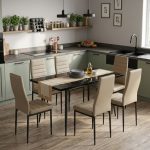 Set masa extensibila Lisabona Negru Marmorat cu 6 Scaune Oscar Maro Deschis Piele Ecologica