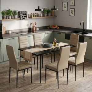 Set masa extensibila Lisabona Negru Marmorat cu 6 Scaune Oscar Maro Deschis Piele Ecologica