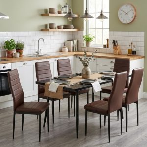 Set masa extensibila Lisabona Negru Marmorat cu 6 Scaune Oscar Maro Piele Ecologica