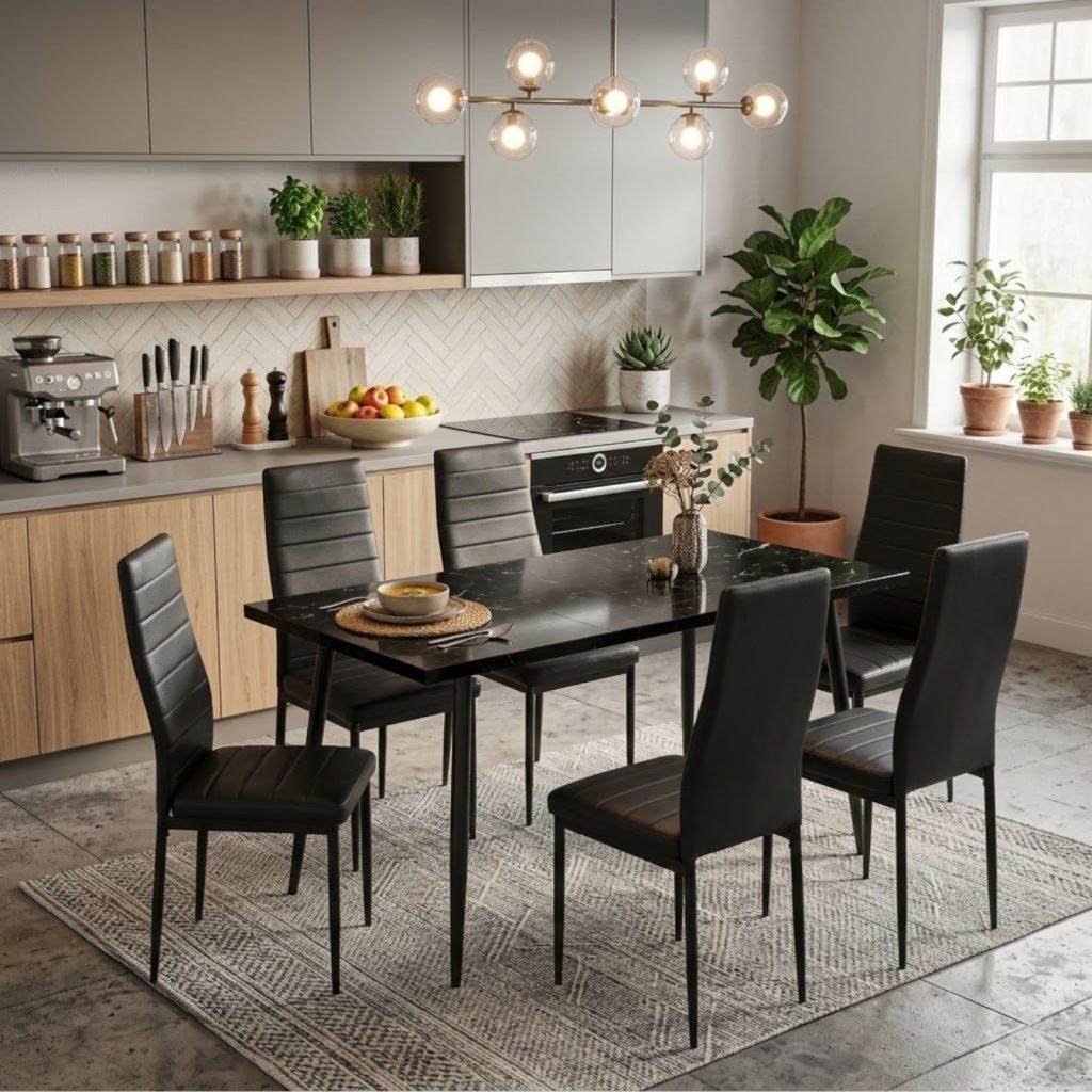 Set masa extensibila Lisabona Negru Marmorat cu 6 Scaune Oscar Negru Piele Ecologica