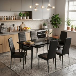 Set masa extensibila Lisabona Negru Marmorat cu 6 Scaune Oscar Negru Piele Ecologica