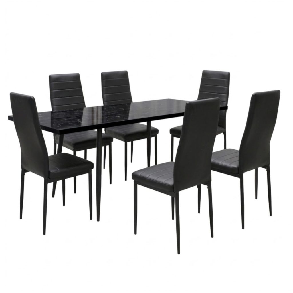 Set masa extensibila Lisabona Negru Marmorat cu 6 Scaune Oscar Negru Piele Ecologica1