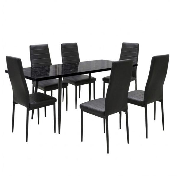 Set masa extensibila Lisabona Negru Marmorat cu 6 Scaune Oscar Negru Piele Ecologica1