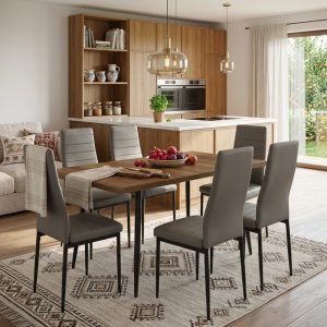 Set masa extensibila Lisabona Nuc cu 6 Scaune Oscar Gri Piele Ecologica