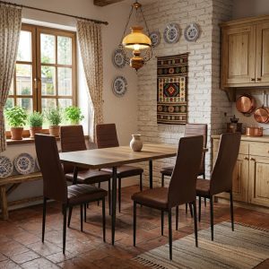 Set masa extensibila Lisabona Nuc cu 6 Scaune Oscar Maro Piele Ecologica
