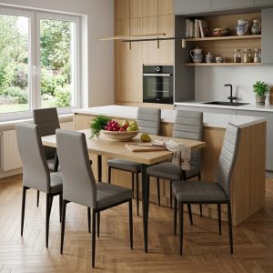 Set masa extensibila Lisabona Stejar cu 6 Scaune Oscar Gri Piele Ecologica