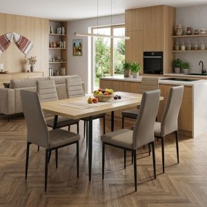 Set masa extensibila Lisabona Stejar cu 6 Scaune Oscar Maro Deschis Piele Ecologica