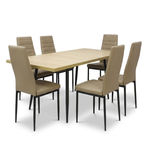 Set masa extensibila Lisabona Stejar cu 6 Scaune Oscar Maro Deschis Piele Ecologica1