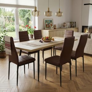 Set masa extensibila Lisabona Stejar cu 6 Scaune Oscar Maro Piele Ecologica