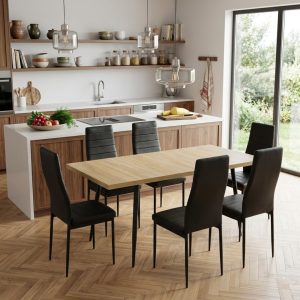 Set masa extensibila Lisabona Stejar cu 6 Scaune Oscar Negru Piele Ecologica