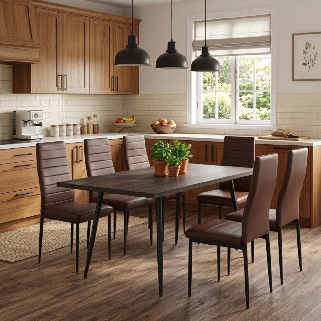 Set masa extensibila Lisabona Wenge cu 6 Scaune Oscar Maro Piele Ecologica