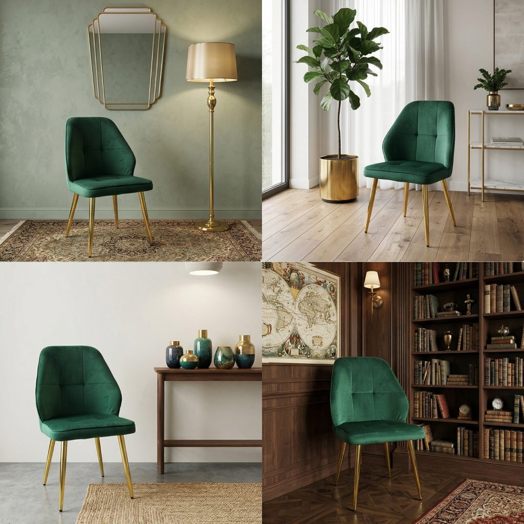 Set 4 Scaune Elira Verde Picior Auriu