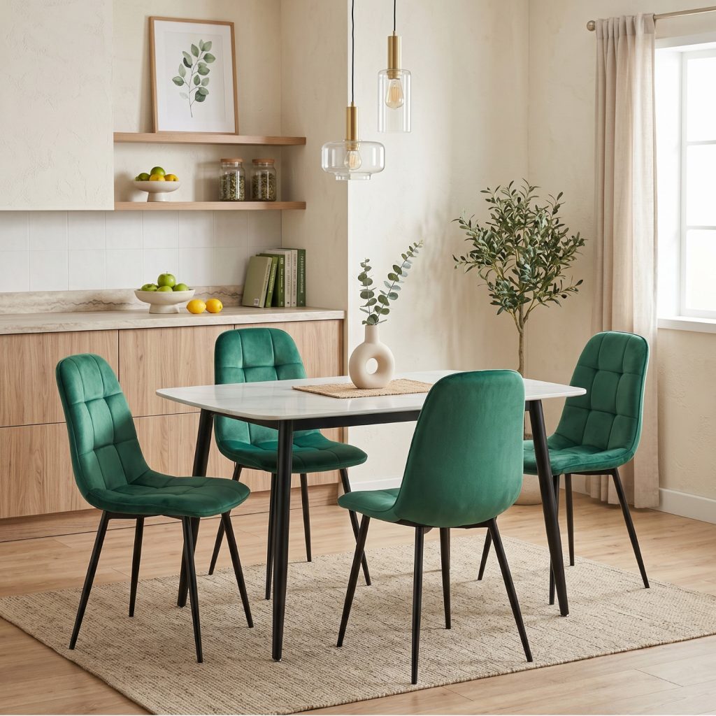 Set Masa fixa Atlas Marble Alb cu 4 Scaune Gya Verde