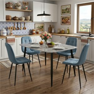 Set Masa fixa Atlas Marble Gri cu 4 Scaune Gya Turcoaz