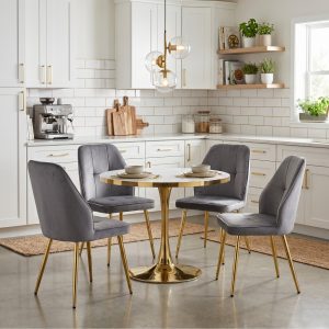 Set Masa Lyma Alba Gold 90 cm cu 4 Scaune Elira Gri