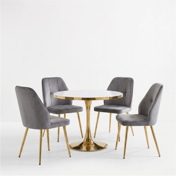 Set Masa Lyma Alba Gold 90 cm cu 4 Scaune Elira Gri1