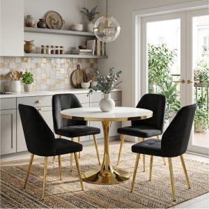 Set Masa Lyma Alba Gold 90 cm cu 4 Scaune Elira Negru