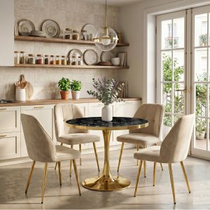 Set Masa Lyma Negru Marmorat Gold 80 cm cu 4 Scaune Elira Capucino