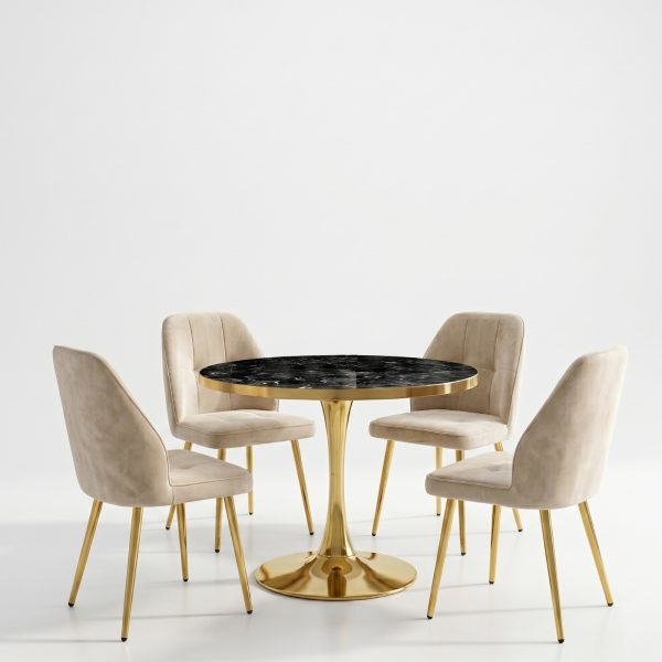 Set Masa Lyma Negru Marmorat Gold 80 cm cu 4 Scaune Elira Capucino1