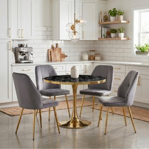 Set Masa Lyma Negru Marmorat Gold 80 cm cu 4 Scaune Elira Gri