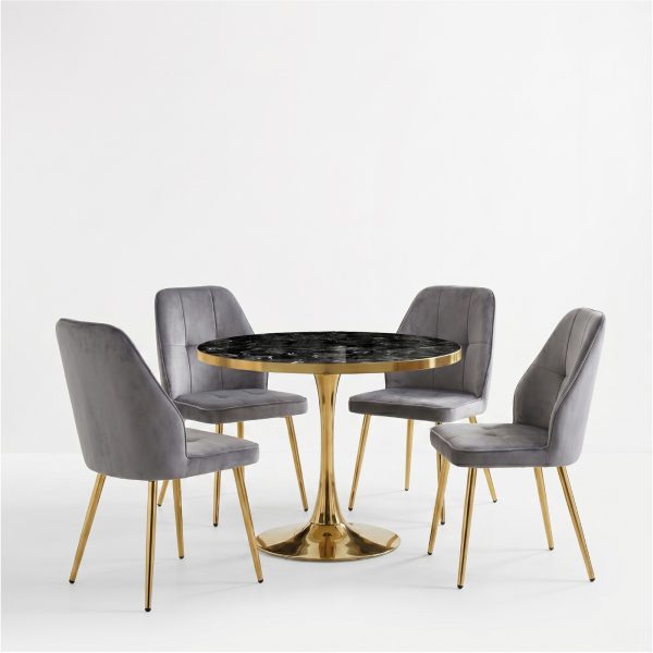Set Masa Lyma Negru Marmorat Gold 80 cm cu 4 Scaune Elira Gri1