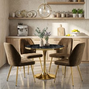 Set Masa Lyma Negru Marmorat Gold 80 cm cu 4 Scaune Elira Maro