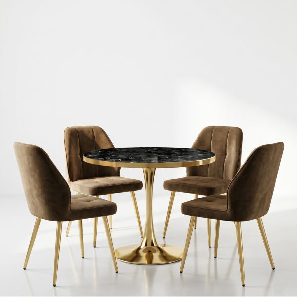 Set Masa Lyma Negru Marmorat Gold 80 cm cu 4 Scaune Elira Maro1