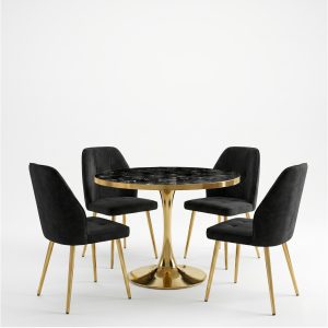 Set Masa Lyma Negru Marmorat Gold 80 cm cu 4 Scaune Elira Negru 1