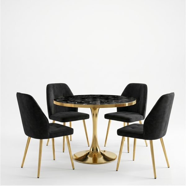 Set Masa Lyma Negru Marmorat Gold 80 cm cu 4 Scaune Elira Negru 1