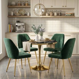Set Masa Lyma Negru Marmorat Gold 80 cm cu 4 Scaune Elira Verde