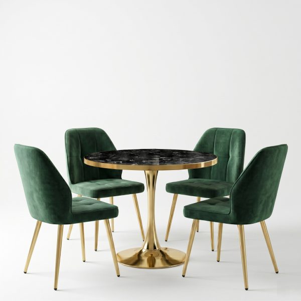 Set Masa Lyma Negru Marmorat Gold 80 cm cu 4 Scaune Elira Verde1