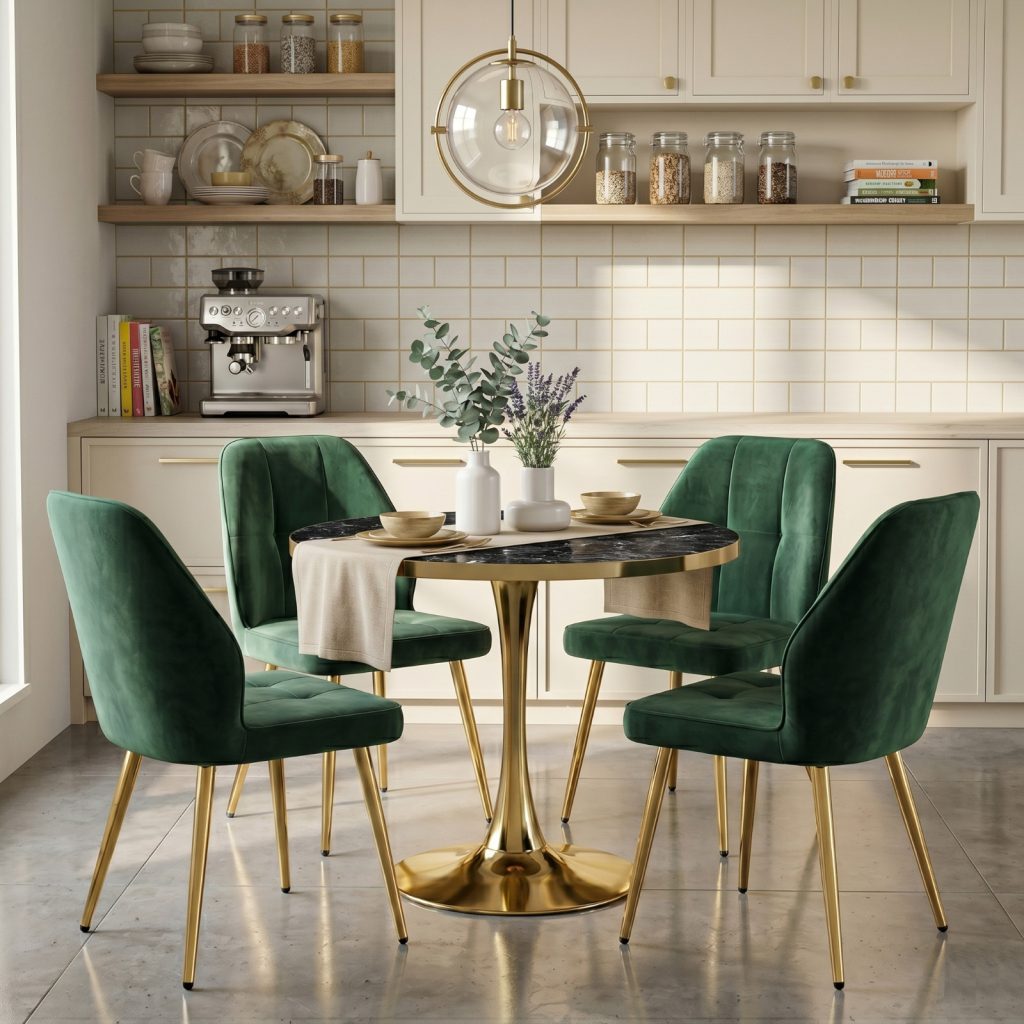 Set Masa Lyma Negru Marmorat Gold 90 cm cu 4 Scaune Elira Verde