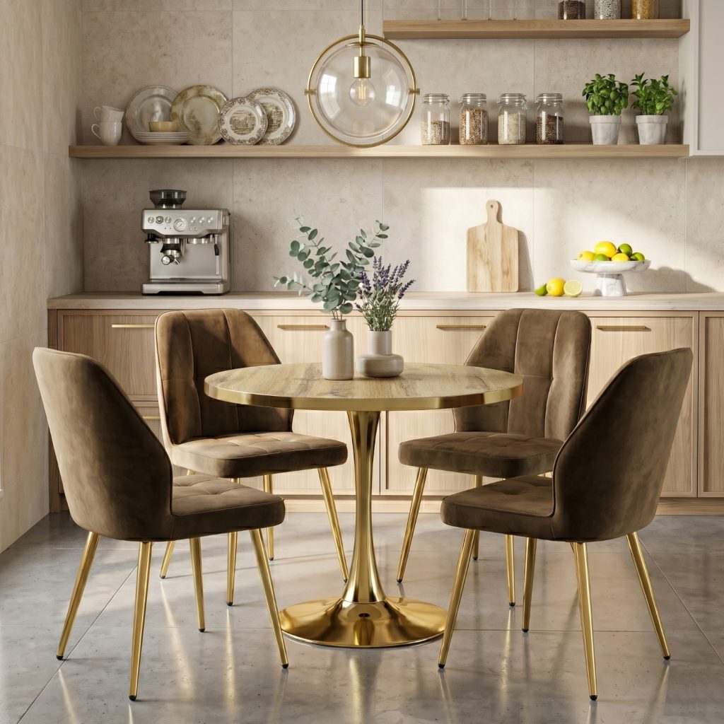 Set Masa Lyma Nuc Deschis Gold 80 cm cu 4 Scaune Elira Maro